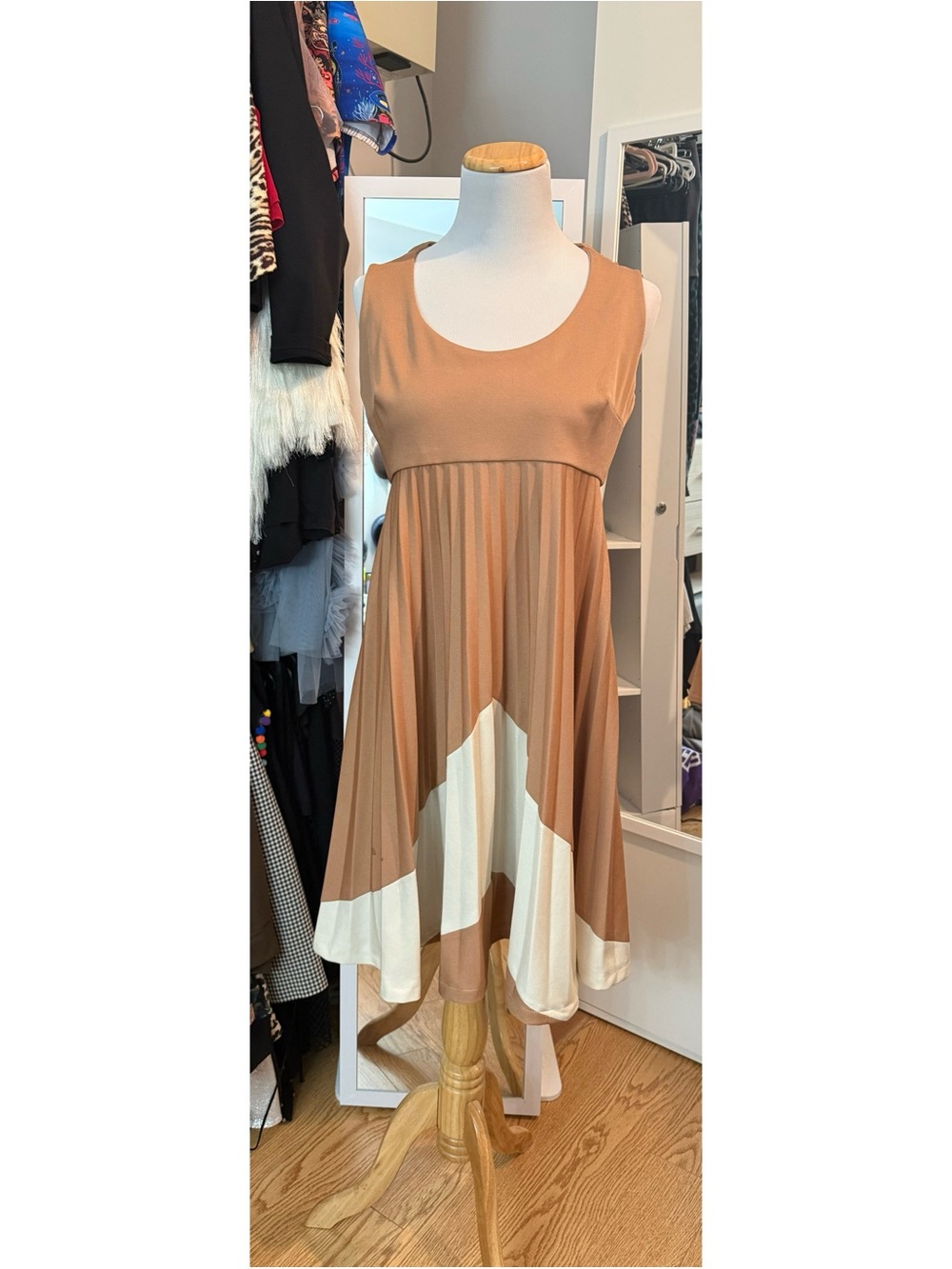 Vintage 60s 70s Bleeker Street Mod Colorblock Pleated Swing Midi Dress Size M